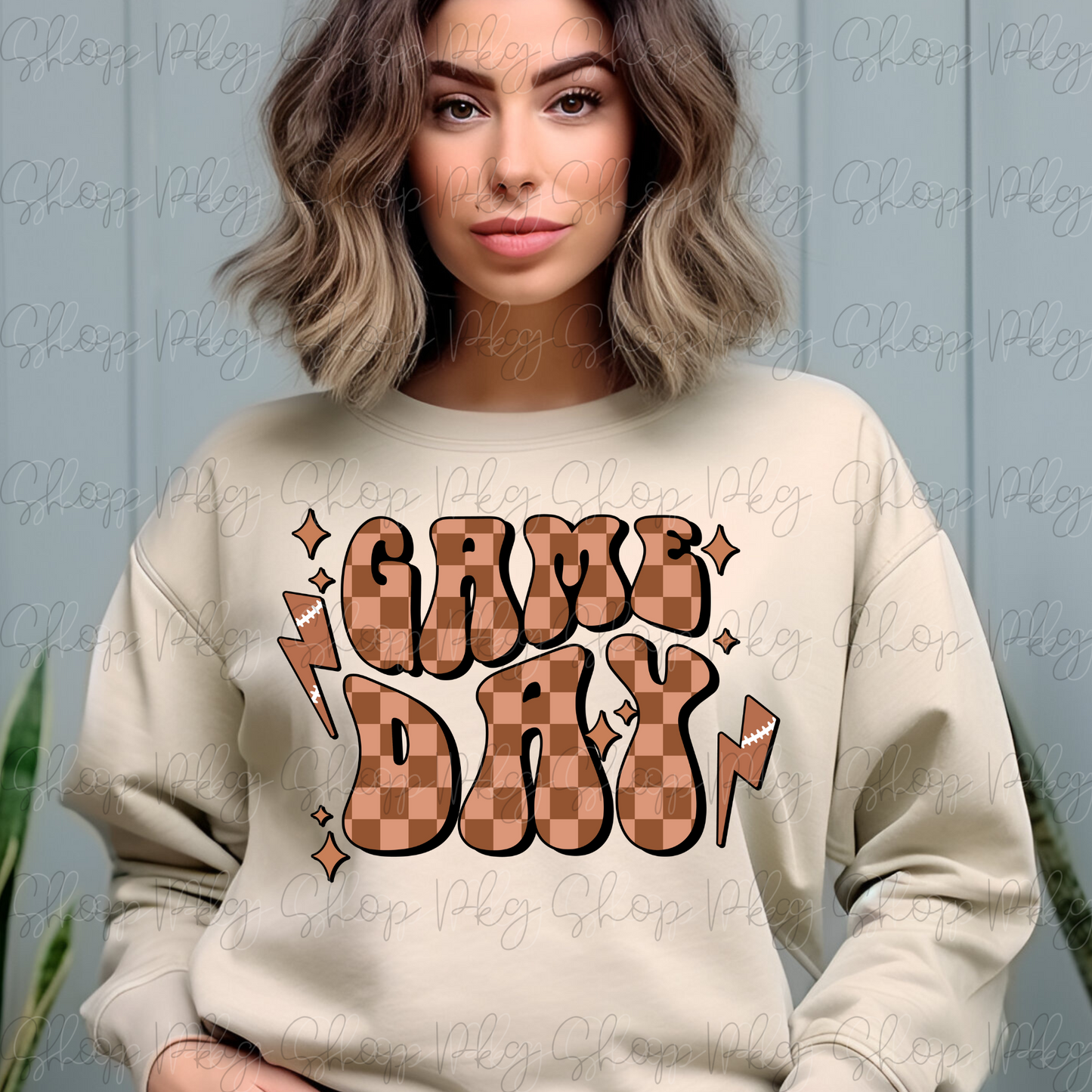 Game Day Football Brown Checkered Vibes Graphic Tee