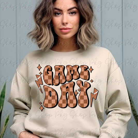 Game Day Football Brown Checkered Vibes Graphic Tee