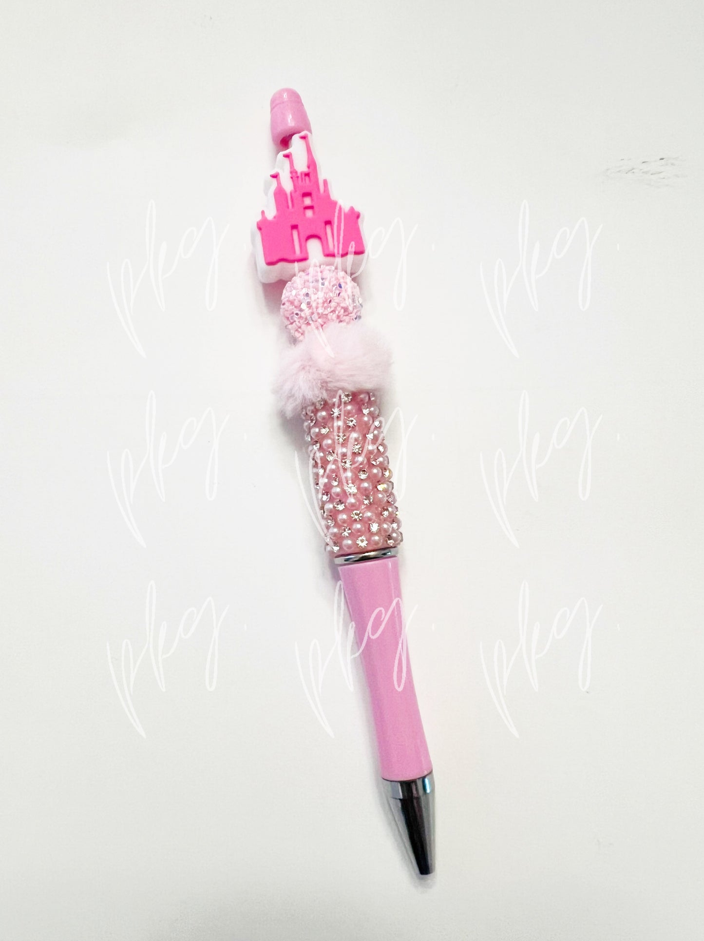 Pink Sparkle Pen with Pink Mouse Castle Silicone Focal Handmade Beadable Pen