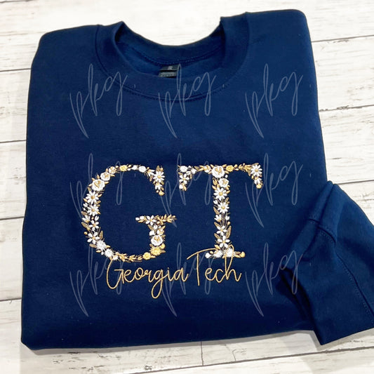 Georgia Tech Floral Letter Embroidery GT