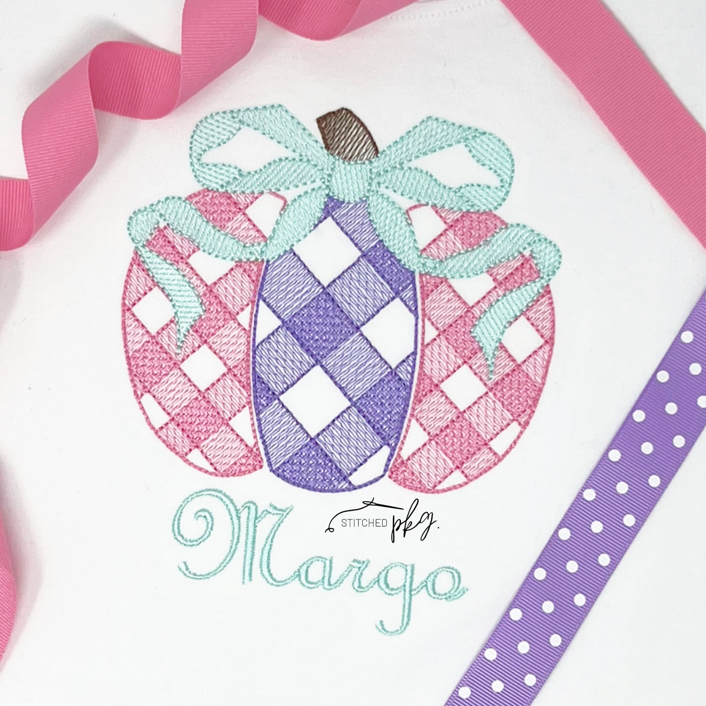 Gingham Pumpkin with Bow Embroidery