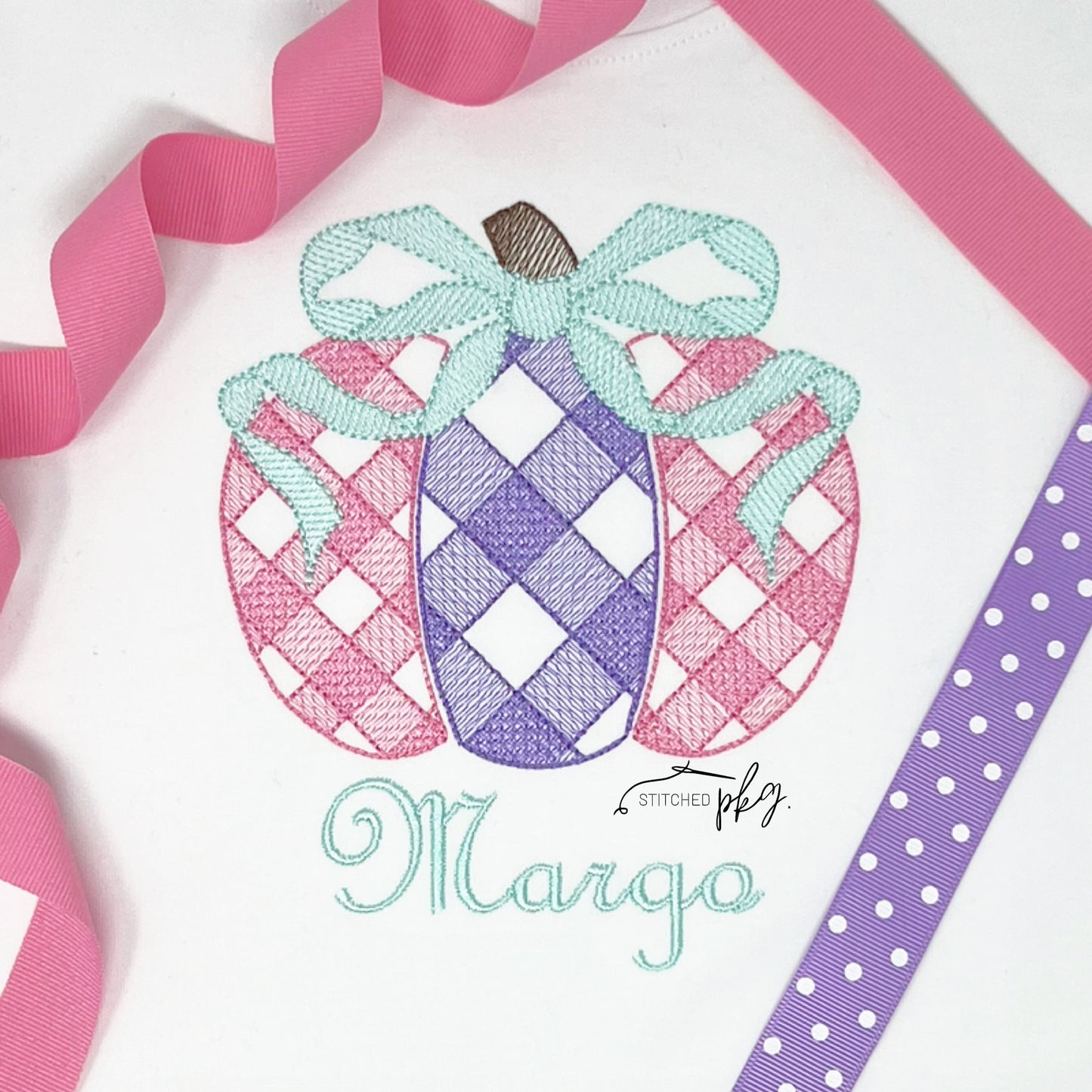 Gingham Pumpkin with Bow Embroidery