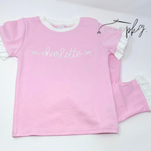 Load image into Gallery viewer, Personalized Pink and White Ruffle Pajamas
