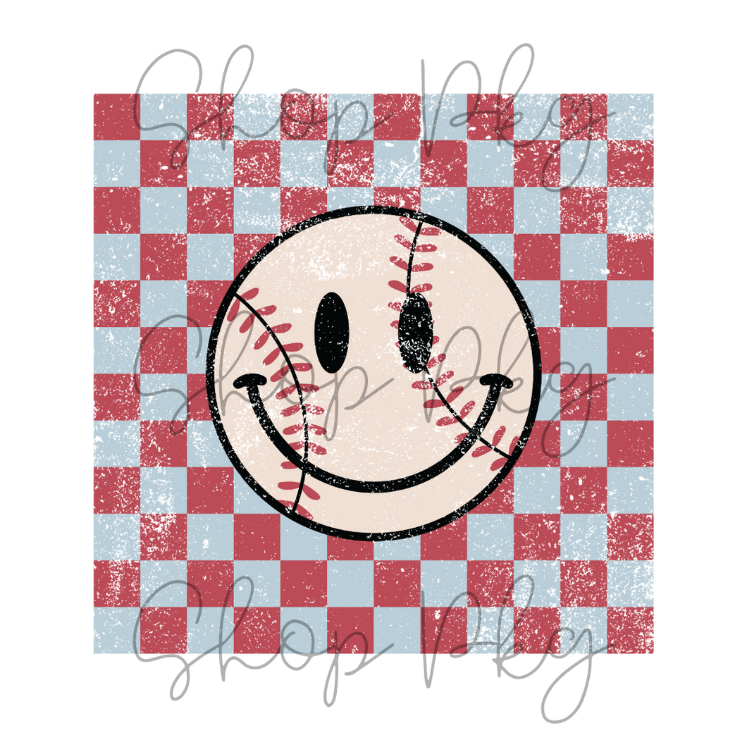 Baseball Smiley Blue Red Checker Distressed