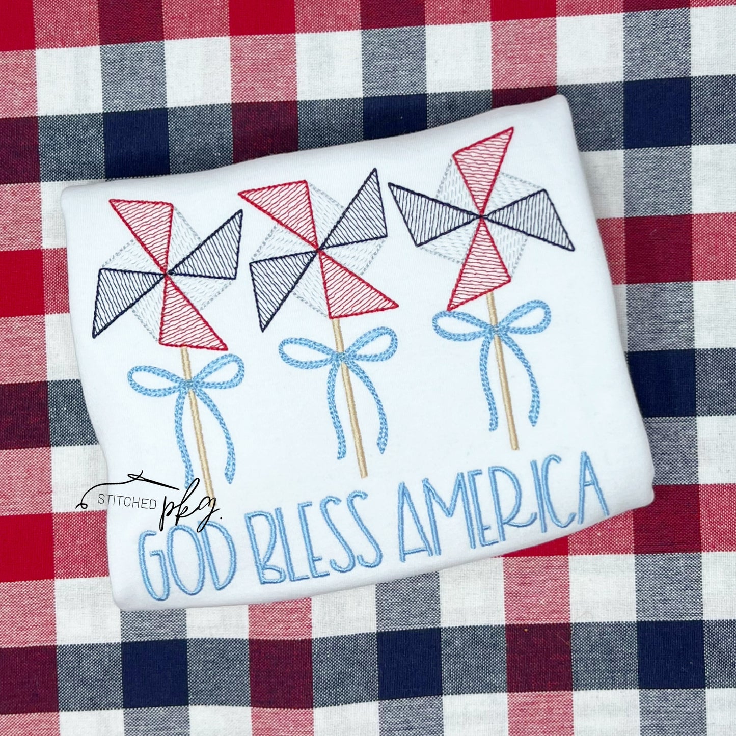 Red White Blue Pinwheels with Bow Embroidery