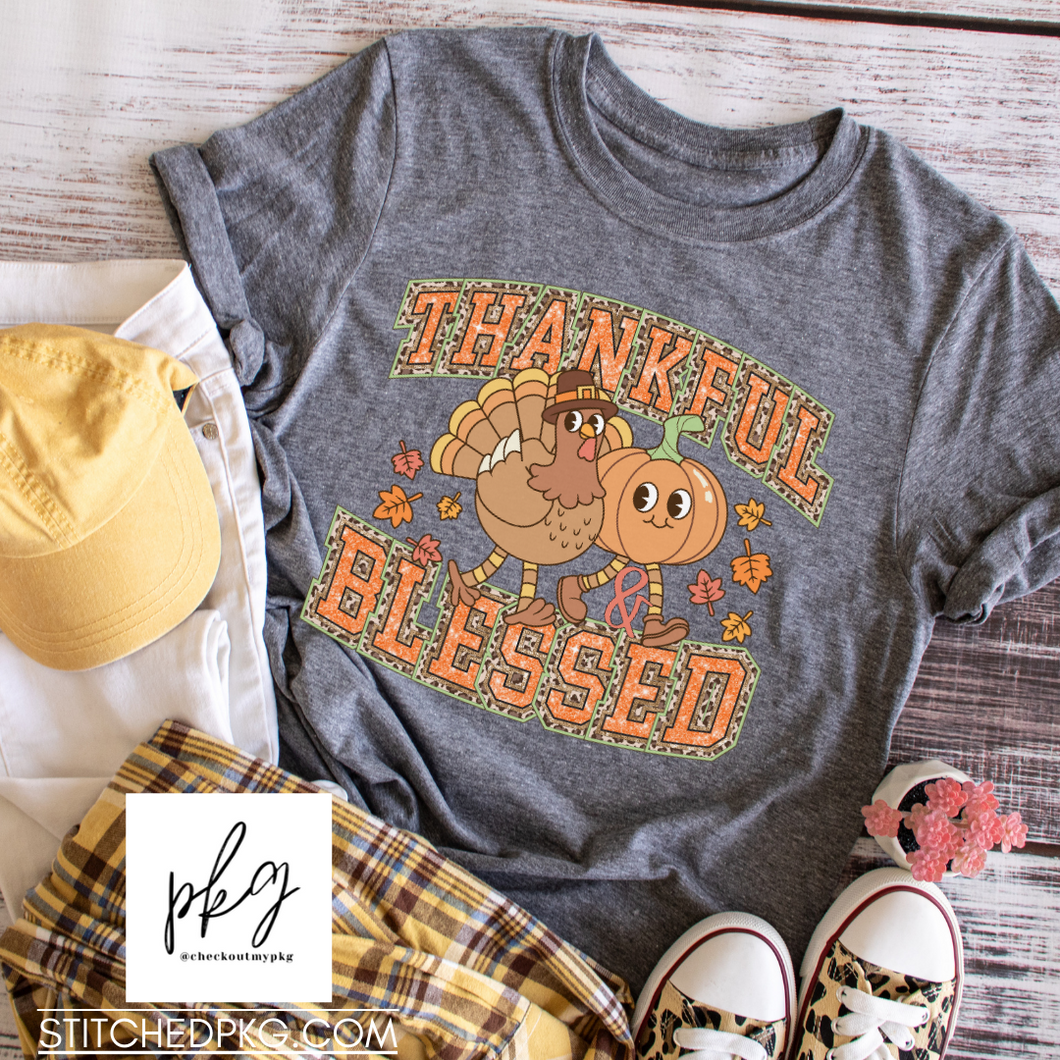 Thankful and Blessed Retro Turkey Pumpkin Graphic Tee
