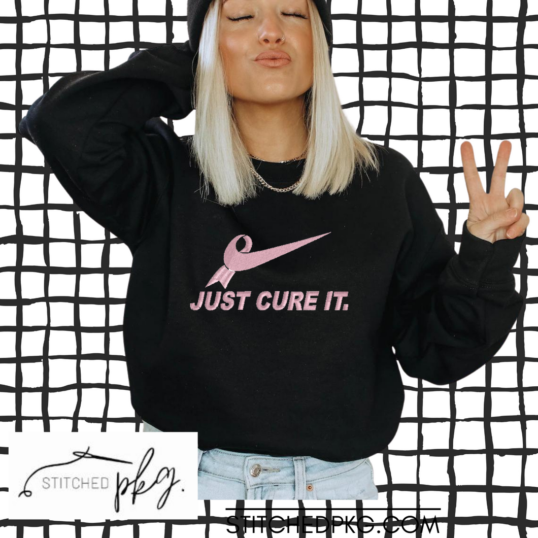 Just Cure It Light Pink Swoosh on Black Sweatshirt