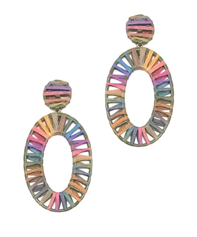 Multi Colored Raffia Wrapped Oval Earrings