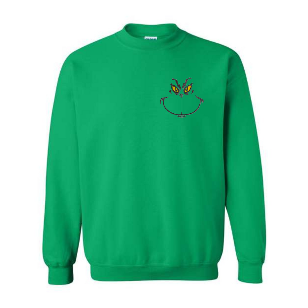 Grinch Face Left Chest Embroidered Sweatshirt