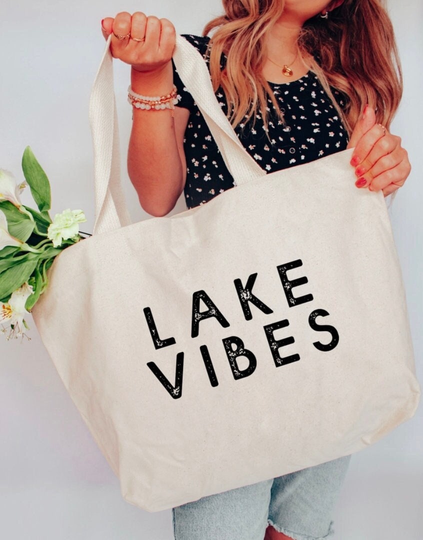 LAKE VIBES Canvas Tote - Made in USA - Black - xl size - Summer Tote Bag - Lake Life - Boat Bag - Carryall Tote - Cotton - Shoulder Straps