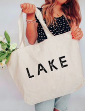 Load image into Gallery viewer, LAKE Canvas Tote - Made in USA - Black - xl size - Summer Tote Bag - Lake Life - Boat Bag - Carryall Tote - Cotton - Shoulder Straps
